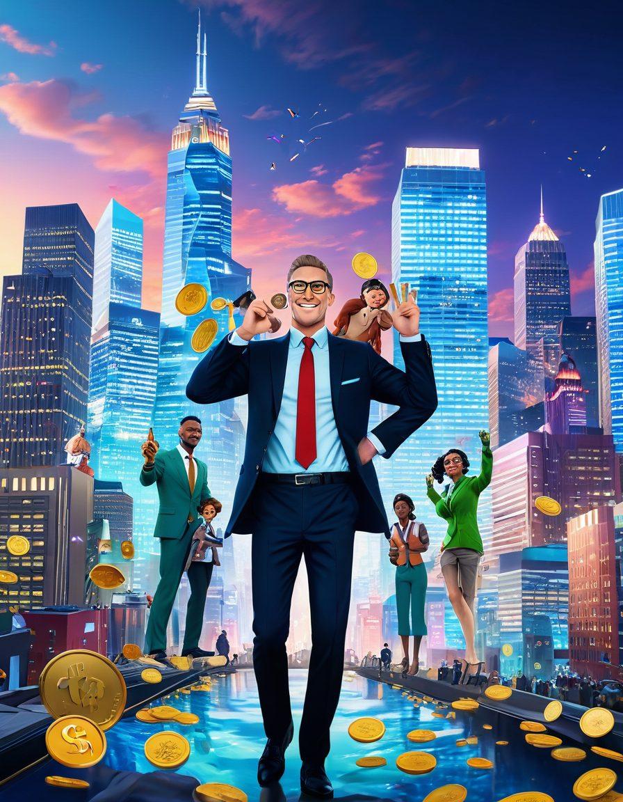 A visually captivating scene showcasing various characters from adult animation, each representing different financial opportunities like investments and savings. Incorporate a vibrant city skyline in the background, symbolizing growth and ambition, with animated dollar signs and coins floating around. Use bright colors to convey excitement and the allure of financial success. The overall vibe should be engaging and slightly playful to highlight the theme of adult animation. super-realistic. vibrant colors. 3D.