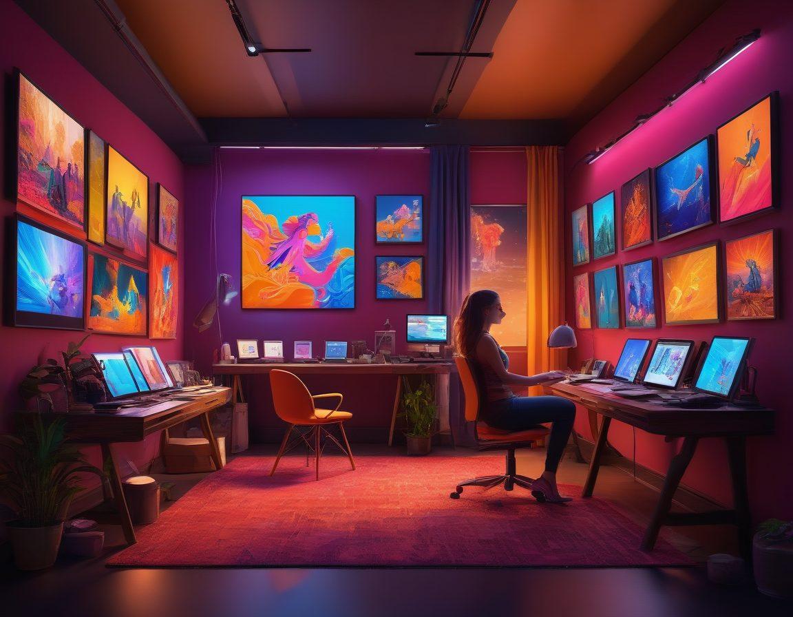 A striking scene showcasing a digital artist creating erotic animated characters at a vibrant studio, with cash flowing around as a symbol of payment dynamics. Include colorful screens displaying animated sequences in the background and hints of surreal artwork on the walls. Capture the creative energy of the artist and the allure of the animation world. vibrant colors. modern art style. 3D.
