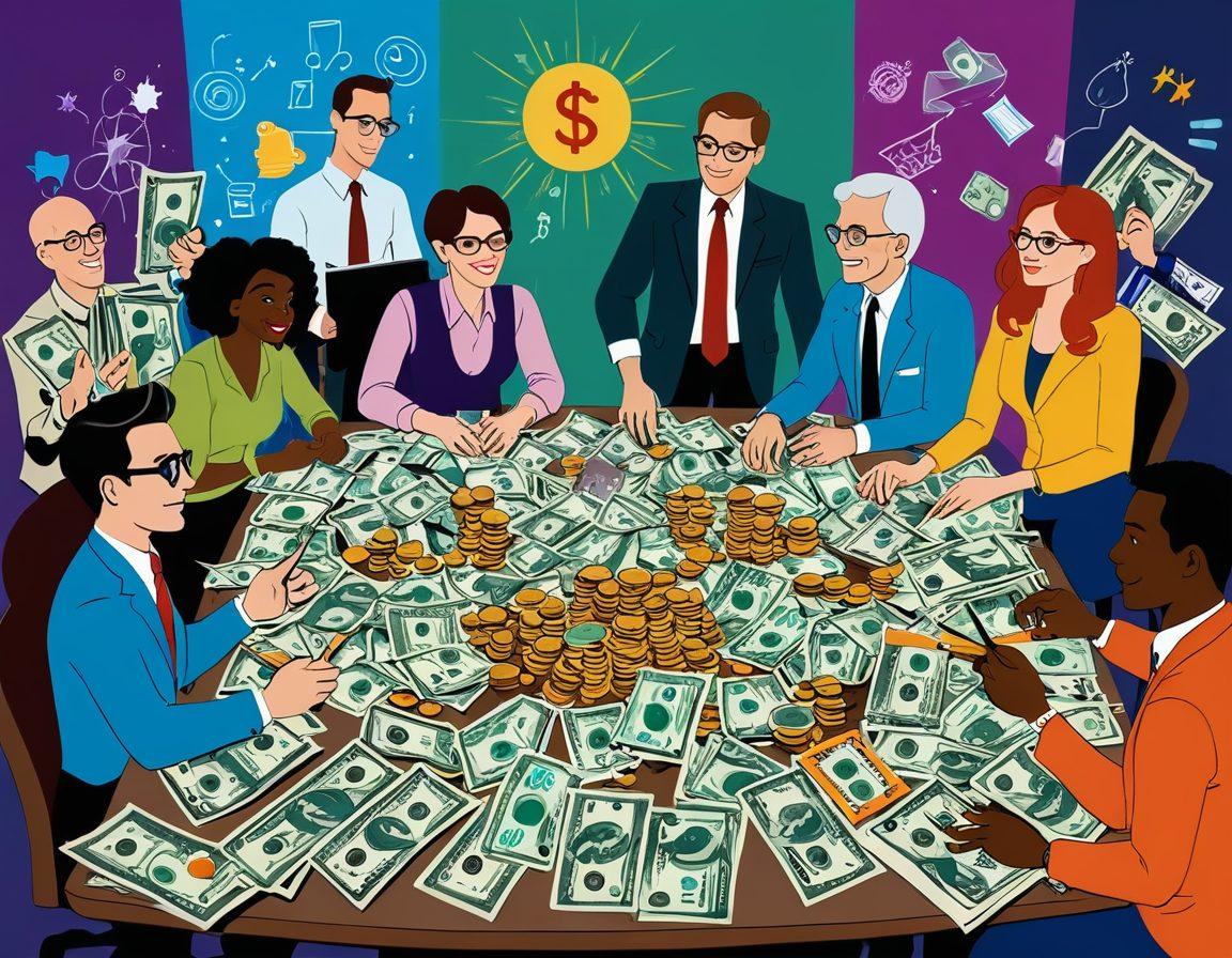 A creative scene featuring a diverse group of adults animatedly discussing financial strategies while surrounded by playful, stylized cartoon characters. Include elements like stacks of money, charts, and pens, illustrating a hot discussion about income maximization. The atmosphere is vibrant and playful, blending humor with finance-themed visuals. Bright, dynamic colors to capture attention and evoke a sense of fun while conveying serious financial concepts. vector art. vibrant colors.